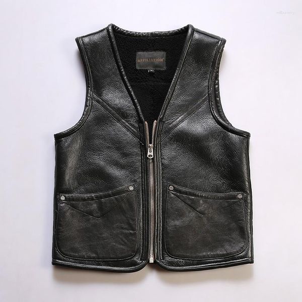 Gilet da uomo Stagione autunnale e invernale Giapponese corto sottile con scollo a V Pelliccia di montone Un gilet Modelli di moto Pelle casual