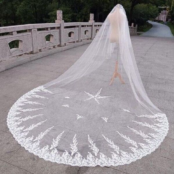 Véus nupciais 2 camadas casamento meia borda de renda longa catedral véu de noiva cobrir o rosto branco/marfim com pente