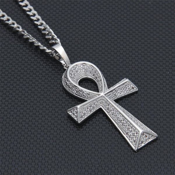 Iced Out Zircon Ankh Key Pendant Golden Jewelry CZ Cross Egyptian Key of Life Pendant Hip hop Necklace For Men Women212y