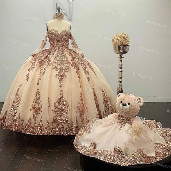 Sparkly Rose Gold Blau Quinceanera Kleider Vestido De 15 Jahre Applikationen Perlen Pailletten Sweet 16 Kleid Maskerade Prom Geburtstag Party243h