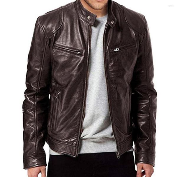 Мужская модная мужская куртка из искусственной кожи на меху, черная, коричневая, с воротником-стойкой на молнии, искусственные мотоциклетные осенне-весенние пальто, сохраняющие теплые топы