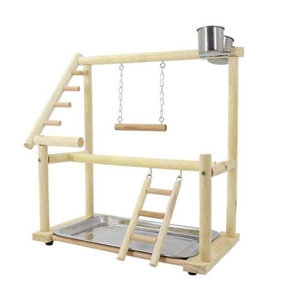 Altre forniture per uccelli Cavalletto per pappagalli Gioca Stand Cockatiel Parco giochi Pesce persico in legno Scala da palestra con piatto di alimentazione in metallo Giocattolo 230925