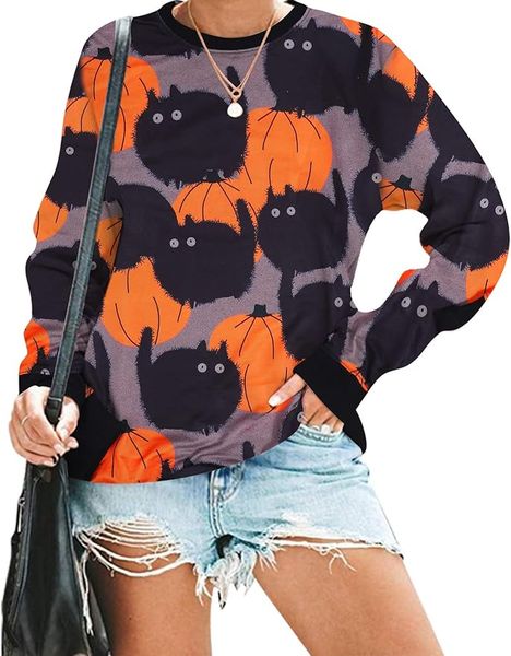 Felpa da donna Halloween Felpa con gatto zucca Manica lunga Divertente Doddle Grafica stampata Abito pullover Camicia autunnale Top Camicie di Halloween per donna