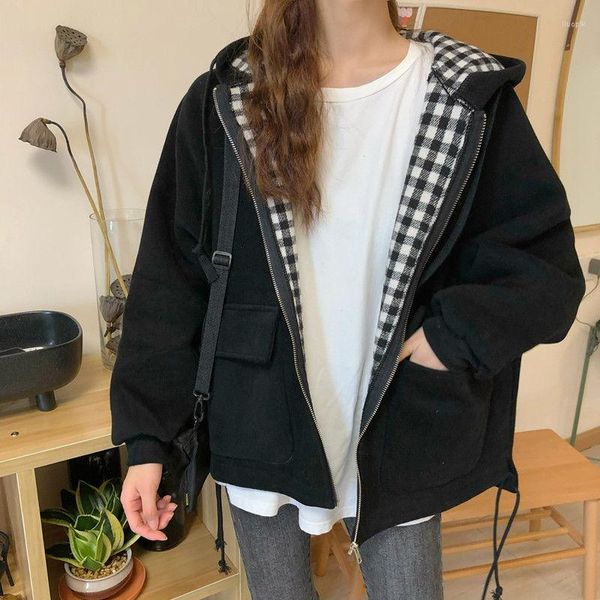 Damenjacken Frauen Plaid Mit Kapuze Chic Tägliche Outwear Mäntel Lässige Ins Lose Übergröße 2XL Harajuku Teenager Streetwear Bomberjacke BF