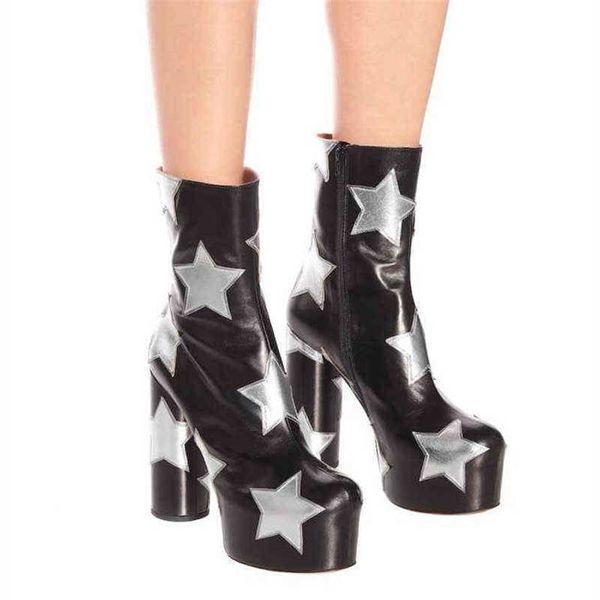 Kadınlar için bot platform ayak bileği lüks baskı yıldız gerçekten deri yüksek topuklu ayakkabılar kadın yuvarlak botines mujer 220729