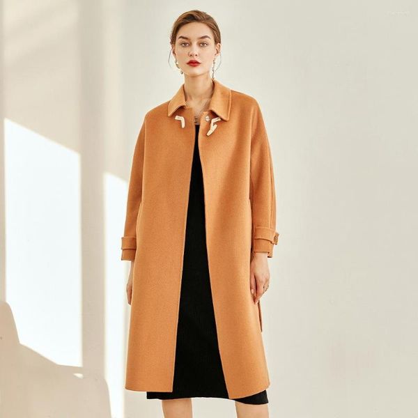 Мужская шерсть, Корея, заказ тыквенного цвета, двойное пальто ручной работы, женская деревянная пуговица с