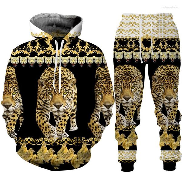 Homens Tracksuits Personalidade Leopardo 3D Imprimir Homens Mulheres Hoodie Calças Terno Moda Padrão Dourado Tracksuit Sportswear Set Hip Hop Jogging