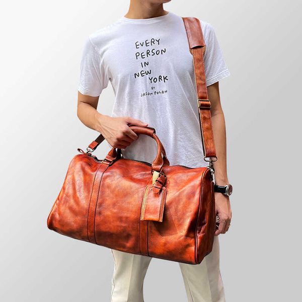 Кожаная дорожная сумка большой вместимости, мужской ручной рюкзак на одно плечо, кожаный рюкзак растительного дубления, деловая дорожная сумка для женщин 230209 230915