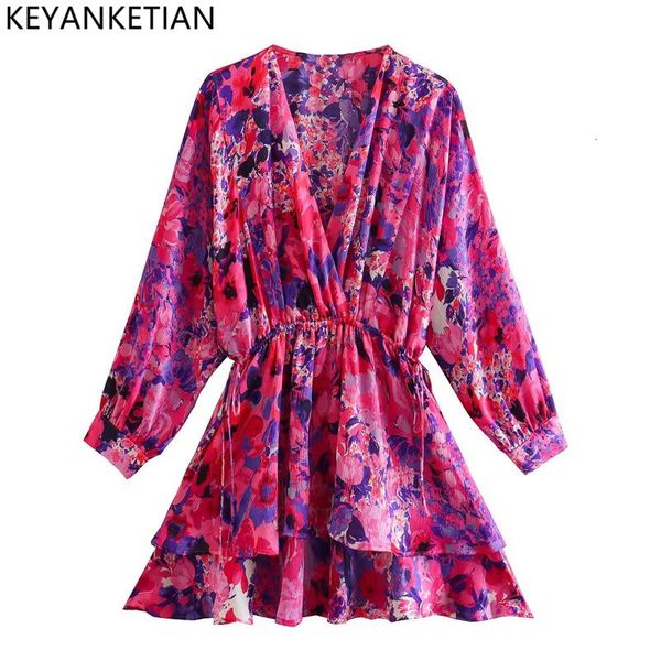 Vestidos casuais básicos keyanketian mulheres moda v pescoço floral impressão dupla camada babados uma linha mini camisa vestido feminino chique solto rendas até senhora outfit 230926