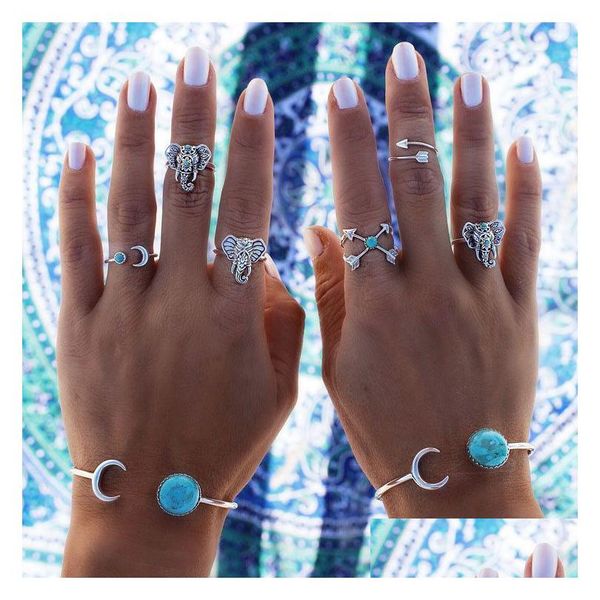 Bandringen Bohemen Antiek Goud Olifant Bloem Roos Hart Kroon Gesneden Ring Set Knuckle Finger Midi Voor Vrouwen Sieraden Drop Delivery Dhpib