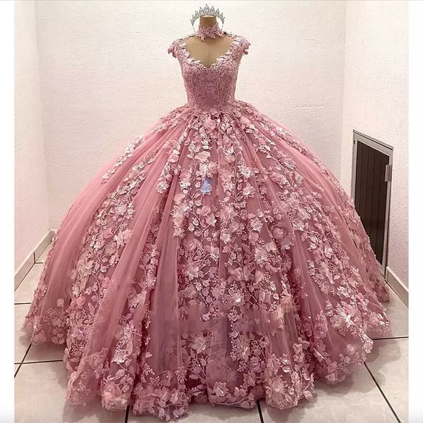 Розово-розовые платья Quinceanera с бальным платьем с 3D цветочной аппликацией и бисером с высокой горловиной Торжественное платье Sweet 16 Вечерние платья для выпускного вечера на день рождения Свадебные платья на заказ