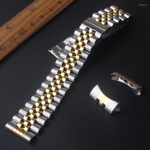 Assista Bandas Watchbands Aço Inoxidável Prata com Ouro para Extremidades Curvas Cintas 12mm 13mm 14mm 15mm16mm 17mm 18mm 19mm 20mm 21mm 22mm