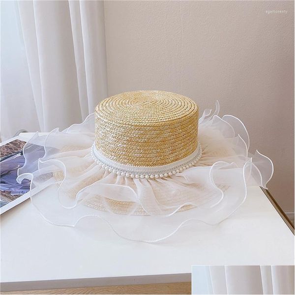 Cappelli a tesa larga Omea Wheat St Hat Beach Summer Pearl Hemming Doppi strati Garza bianca Pizzo Elegante moda coreana Visiera Berretto di lusso Dro Dhoqh