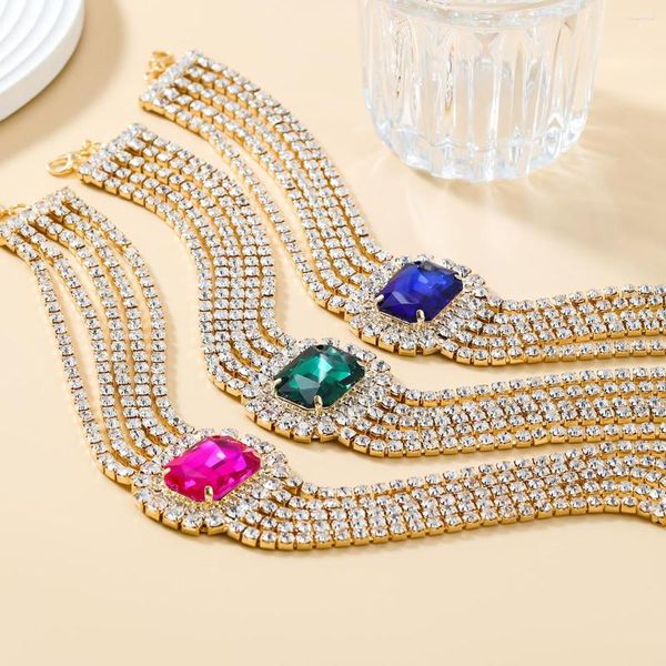 Gargantilha brilhante strass multicolor grande quadrado pingente colar jóias de casamento para mulheres cristal oco corrente colar