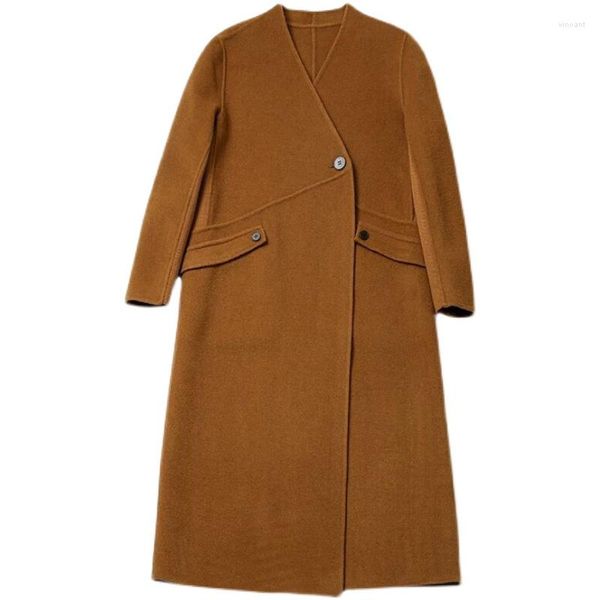 Cappotto da donna in lana invernale da donna con scollo a V lungo in lana Cappotto sottile in misto stile francese