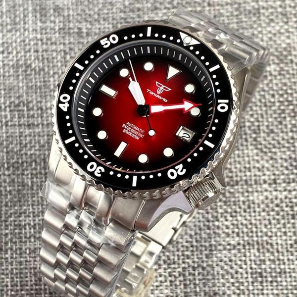 Armbanduhren Tandorio Sunburst Red NH35A Mechanische Taucheruhr Herren SKX Modell 3.8 Krone NH35 Movt 120 Klicks Lünette 200M wasserdichte Uhr