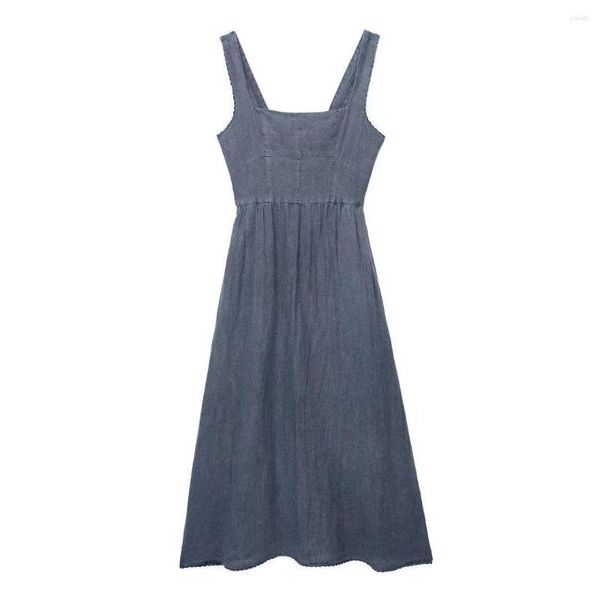 Lässige Kleider Sommer Frauen Denim Kleid Mode ärmellos einreihig blau weiblich einfach lang