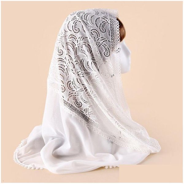 Hijabs de alta qualidade véu católico oração turbante xale igreja senhoras flores rendas longo cachecol muçulmano mulheres hijab cachecóis headwear gota d dhdtz