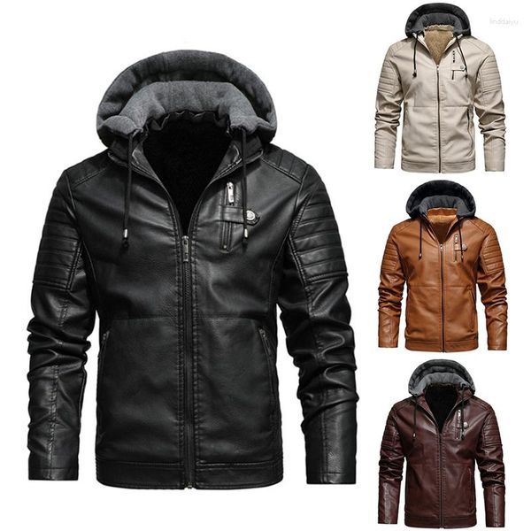 Мужские куртки из искусственной кожи на флисовой подкладке, пальто с капюшоном, осенне-зимняя повседневная мотоциклетная куртка для мужчин, ветровка, байкерская