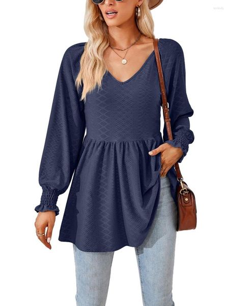 T-shirt das mulheres Mulheres S Cor Sólida Túnica Vestido Tops Jacquard V Neck Manga Comprida Solta Camisetas Y2K Casual Blusas Peplum