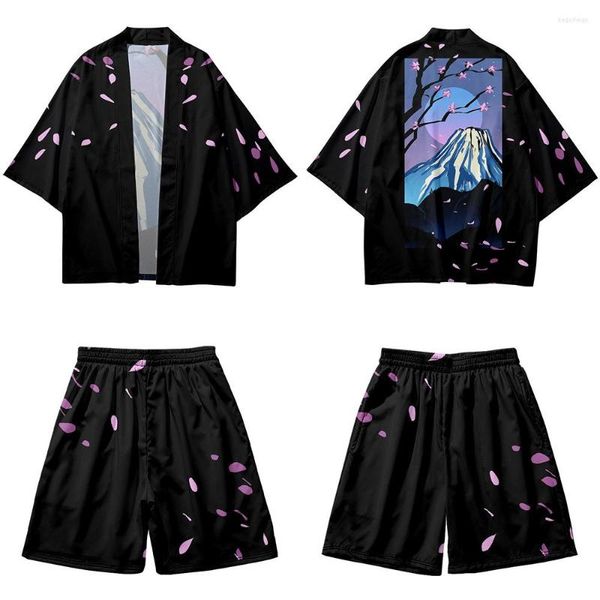 Roupas étnicas Japonesas Flores Imprimir Cardigan Harajuku Cosplay Kimono Shorts Define Yukata Camisa Asiática Mulheres Homens Haori Terno de Duas Peças