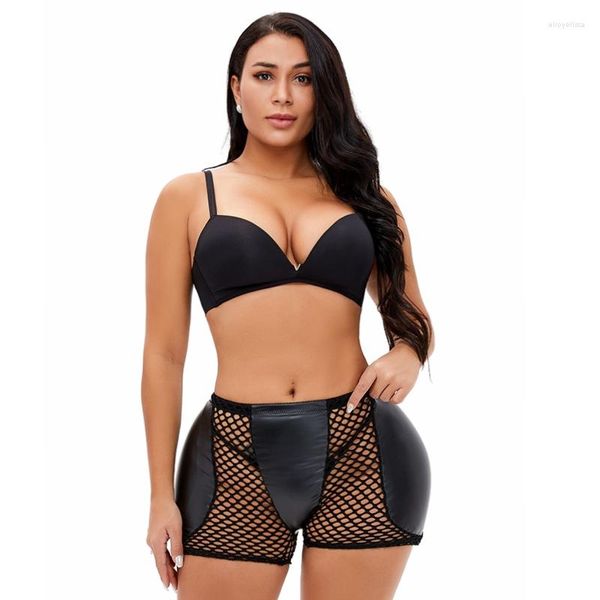 Mulheres Shapers BuLifter PU Couro Malha Corpo Shaper Calcinha Esponja Acolchoada Almofada Removível Sexy Hip Enchimento Mulher Shapewear Shaping Shorts