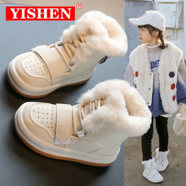 Stiefel YISHEN Schneestiefel Mädchen Winter Kinder Baumwolle Schuhe Stiefeletten Leder Plus Samt Casual Schuhe Für Kinder Botas De Nieve weiß 230925