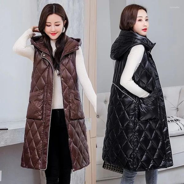 Coletes femininas inverno para baixo algodão com capuz sem mangas jaqueta mulheres colete quente longo colete casaco feminino bisic casacos