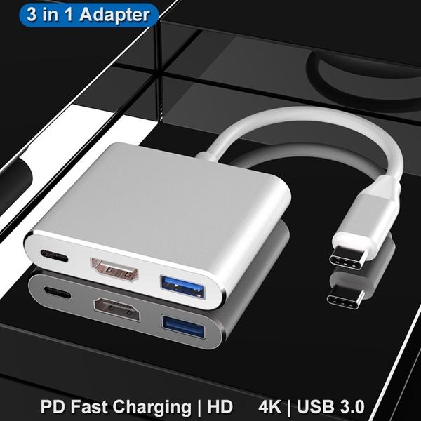 USB-C-auf-HDMI-3-in-1-Adapter, Typ-C-Hub-Übertragung, HDMI-4K-Ausgang, USB-3.0-Anschluss und USB-C-100-W-Ladeanschluss