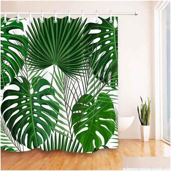 Chuveiro cortinas folhas verdes cortina branca selva tropical banheiro natureza impermeável mofo resistente tecido de poliéster para banheira ot0du