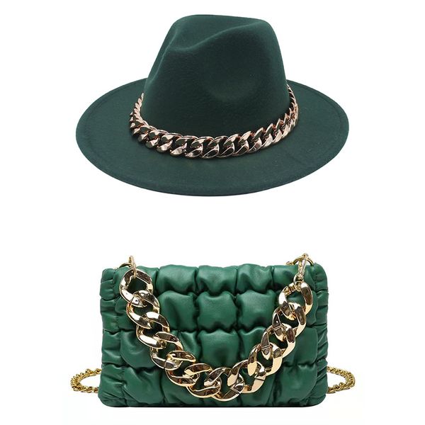 Chapéu de corrente acrílica cor sólida aba larga jazz fedora chapéu estilo britânico boné de feltro feminino elegante festa igreja chapéus + bolsa