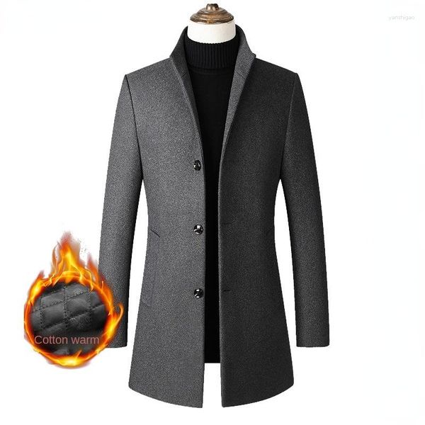 Trench da uomo in lana 2023 di tendenza moda invernale monopetto colletto rialzato giacca casual in lana media lunga