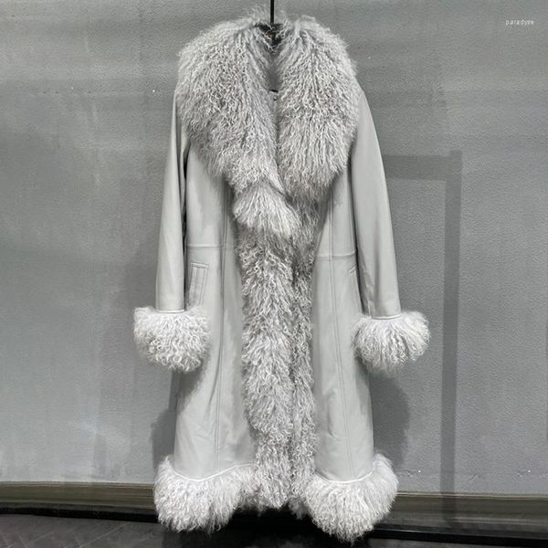Женские кожаные куртки из овчины, длинные стильные настоящие монгольские пальто, зимний модный женский плащ GT3717