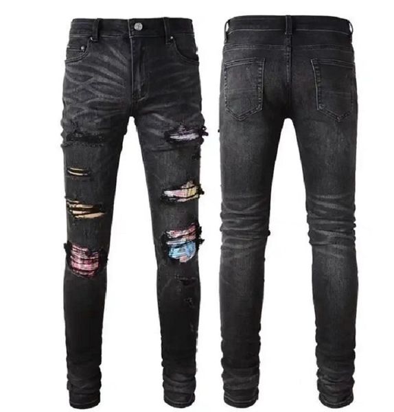 jeans firmati per uomo jeans uomo pantaloni da uomo perforato ricamo patchwork strappato tendenza pantaloni da moto di marca mens skinny moda elastico slim fit pantaloni taglia 28