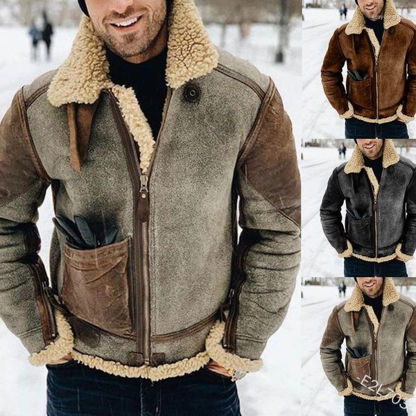 Pelliccia da uomo Autunno Inverno Patchwork Caldo cappotto in pelle scamosciata Casual da donna Manica lunga Cerniera Punk Colletto rovesciato Tasca in peluche spessa