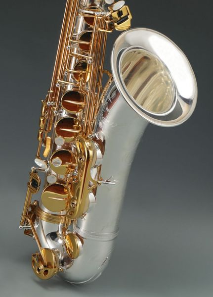 Aisiweier JTS-1100SG Brand BB Tenor Saxofone Brass Silver Placated Body Gold Lacquer Key B Instrumento plano SAX com caixa de lona