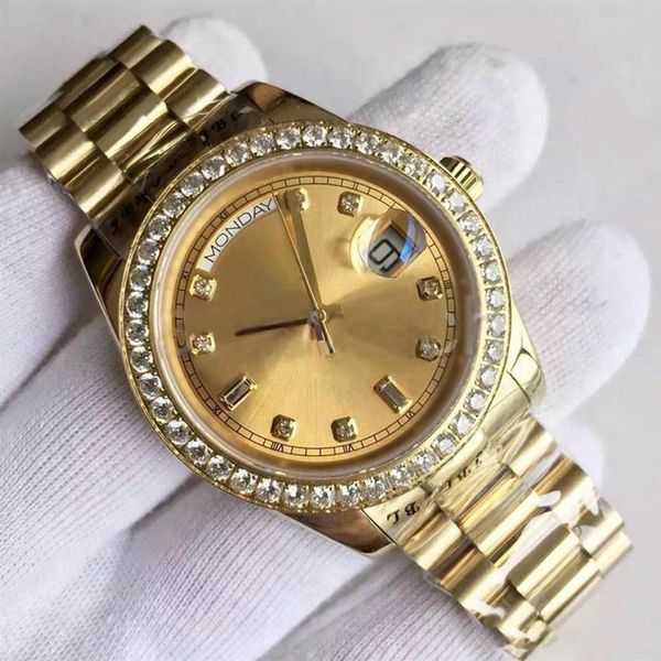 Relógio masculino 18k mostrador dourado diamante embutido relógios mecânicos automáticos pulseira presidente fivela dobrável sells194v