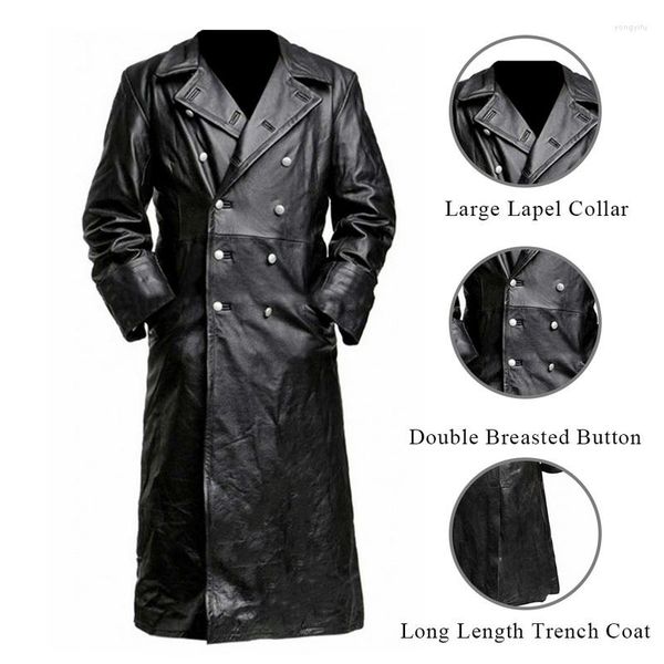 Botões de inverno de pele masculina longo trench homens negócios outerwear moda premium oficial casaco preto vintage jaqueta de couro do plutônio homem qualidade superior