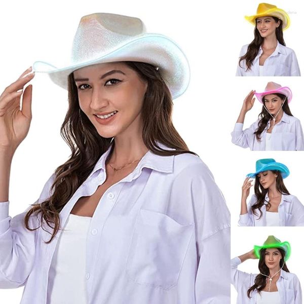 Berretti Cappello da cowgirl vintage Donna Uomo Feltro Donna Cappelli da cowboy casual Paillettes per feste Tipo occidentale Cofano superiore Cosplay Luce a LED