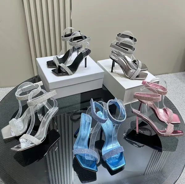 Обувь высшего качества Amina Muaddi, сандалии на высоком каблуке, женская мода, украшение со стразами, квадратный носок, открытый носок, прозрачная пленка ПВХ, дизайнерские модельные туфли с ремешком на щиколотке