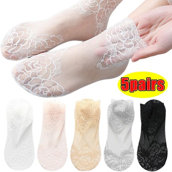 Meias femininas 5 pares lolita renda invisível babado de seda fina senhoras barco oco antiderrapante raso transparente