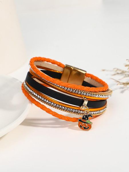 Charme Pulseiras ALIADOS Boho Multicamadas Cristal Cadeia Envoltório Pulseira De Couro Para Mulheres Halloween Laranja Abóbora Encantos Jóias Presente