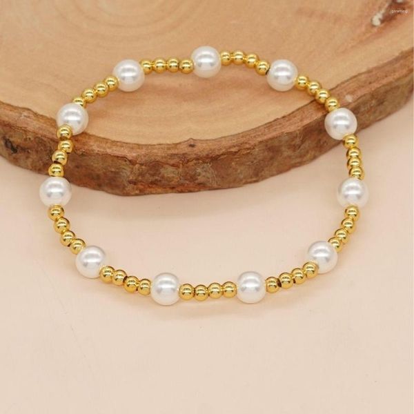 Link-Armbänder 5 Stück / böhmischer Stil Süßwasserperle Luxusschmuck für Frauen Braclets Goldfarbe Hochwertiges Perlen-elastisches Armband