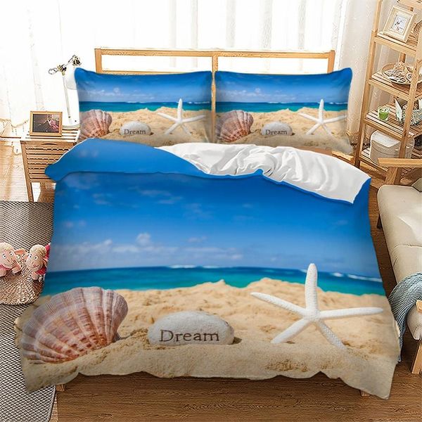 Conjuntos de cama Blue Beach Starfish Shell Conjunto de Cama Dupla Consolador Capas de Edredão com Capa de Colcha 220x240 Casal