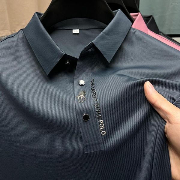 Polos masculinos autêntico gelo seda bordado camisa polo 2023 verão pescoço elástico camiseta moda manga curta negócios casual