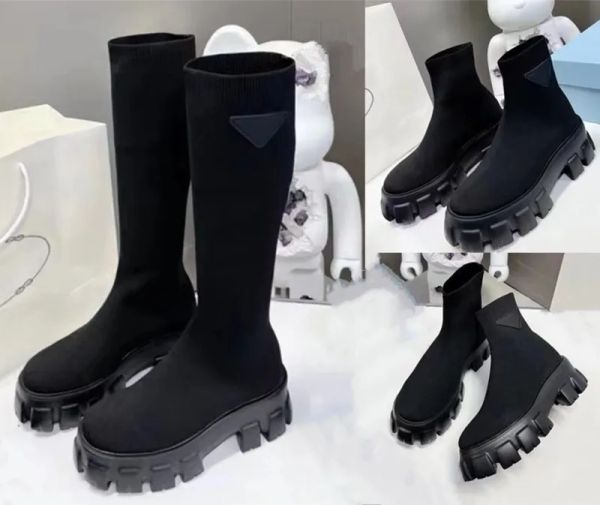 Neue Manschetten-Rippensocken, niedriger Absatz, hohe Stiefel, Stretch-Strick, schwarzes Leder, Biker-Overknee-Stiefel, modische Damen-Luxus-Designer-Fabrikschuhe