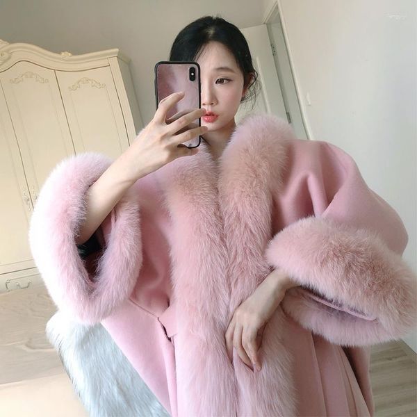 Frauen Pelz Koreanischen Herbst Und Winter Kragen Mit Kapuze Doppelseitige Wolle Mittellangen Kaschmir Gürtel Mantel Mantel