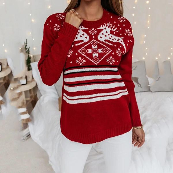 Maglioni da donna Maglione lavorato a maglia con fiocchi di neve Abbigliamento natalizio da donna Manica lunga Girocollo Stampa a righe Pullover Maglieria Elegante e accogliente