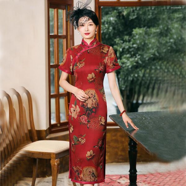 Abbigliamento etnico Abiti da sera Qipao Abito cheongsam di seta Personalizzazione di fascia alta Rosso Plus Cheongsam di grandi dimensioni Cinese tradizionale