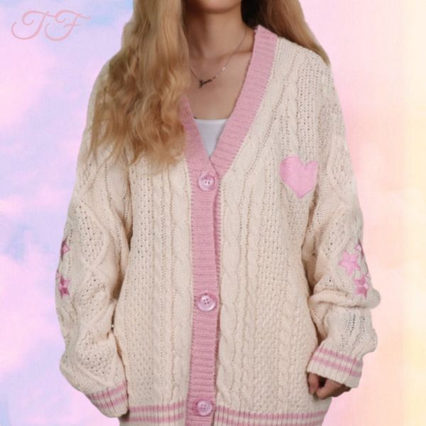 Mulheres Malhas Tee Casual 1989 Malha Azul Cardigans Outono Estrela Bordado Rosa Cardigan Suéteres Férias Y2K Longo Mulheres 230925